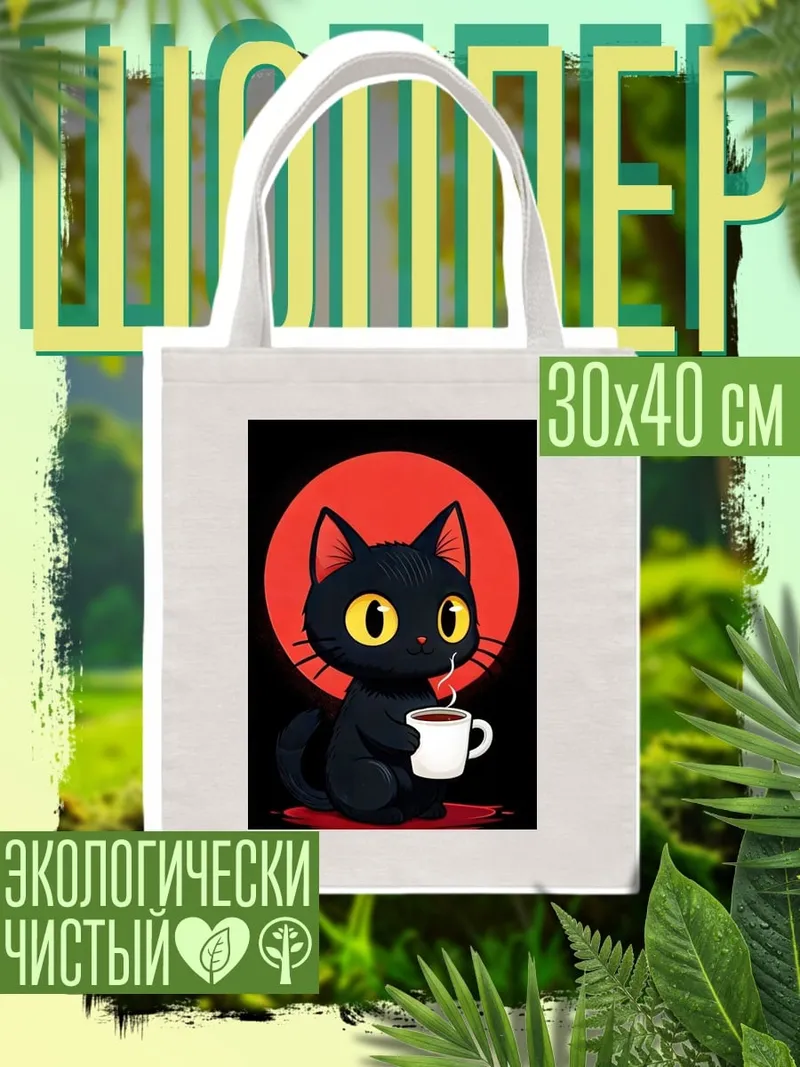 Шоппер Черный кот с кофе