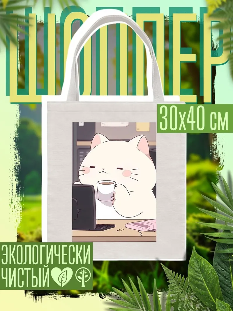 Шоппер Кот пьет кофе