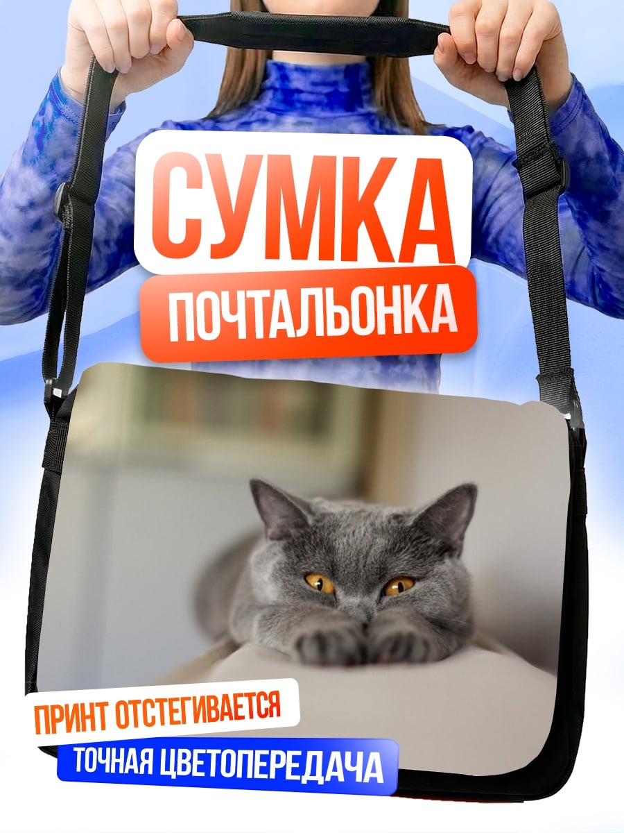 Сумка-почтальонка серый кот лежит