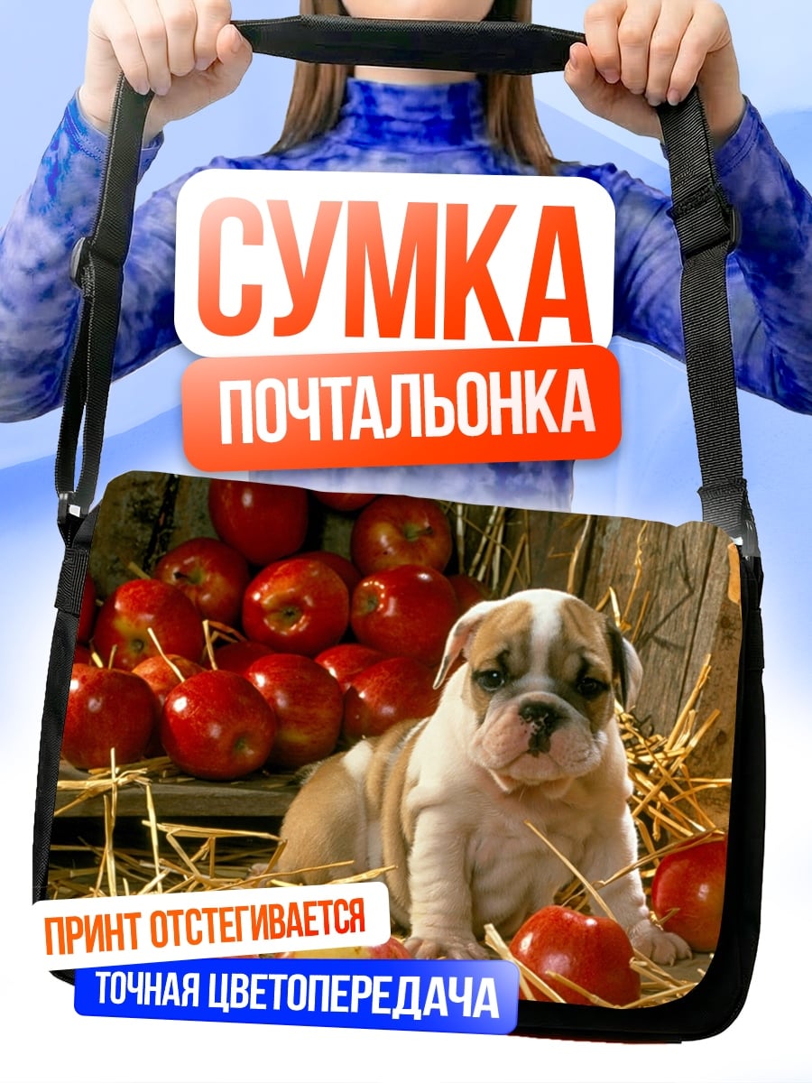 Сумка-почтальонка Щенок бульдога с яблоками