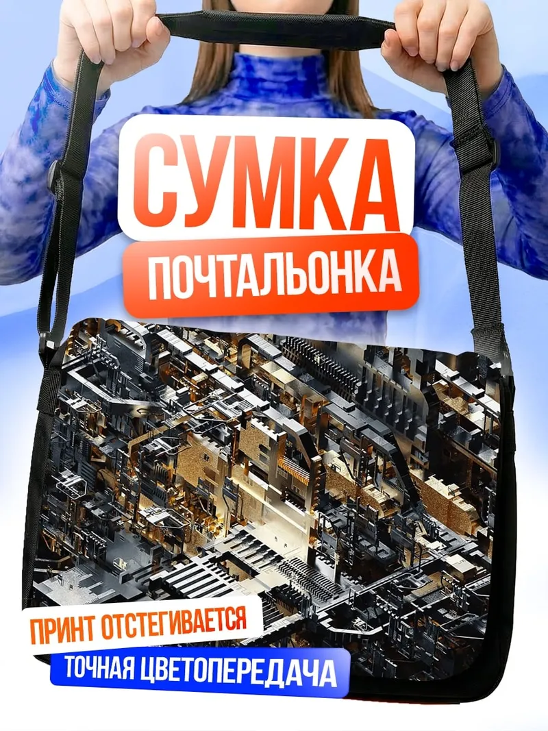 Сумка-почтальонка киберпанк город сверху