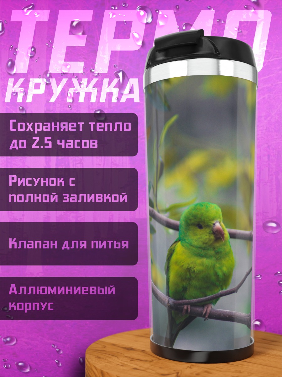 Термокружка зеленая птица ветка