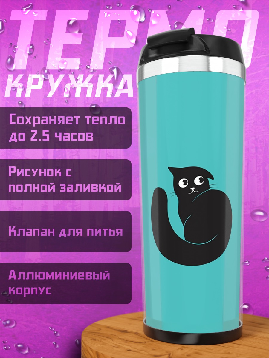 Термокружка черный кот на бирюзе