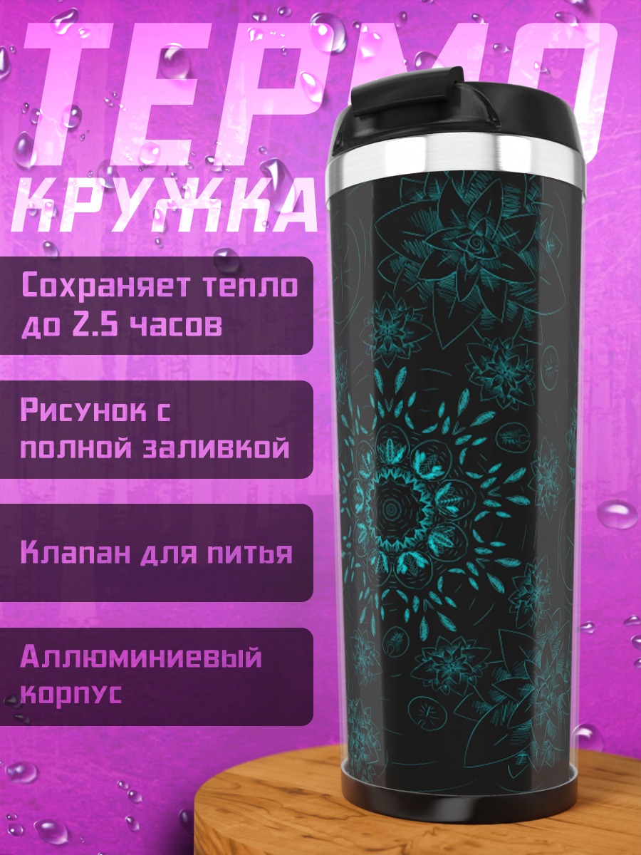 Термокружка Бирюзовая мандала узор