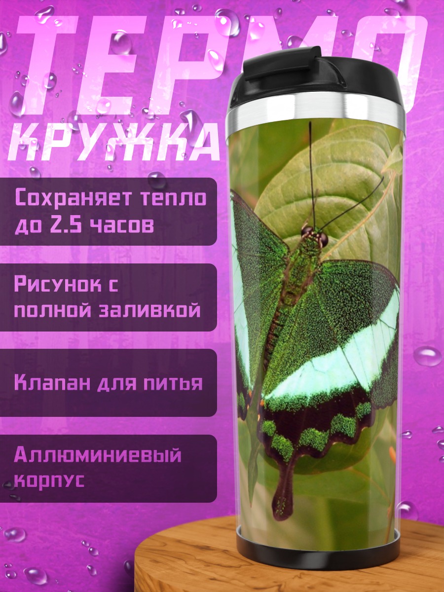 Термокружка Зеленая бабочка на ветке